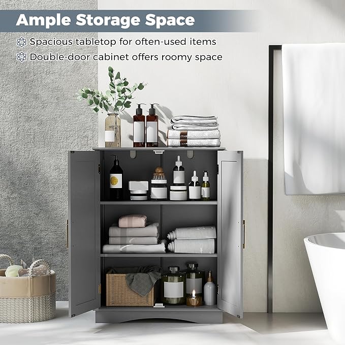 Tangkula Bathroom Floor Storage Cabinet, 31.5" H Freestanding Pantry Cabinet with 2 Doors and Adjustable Shelves, Kitchen Cupboard for Living Room, Dining Room, Bathroom (Gray, 31.5" H)