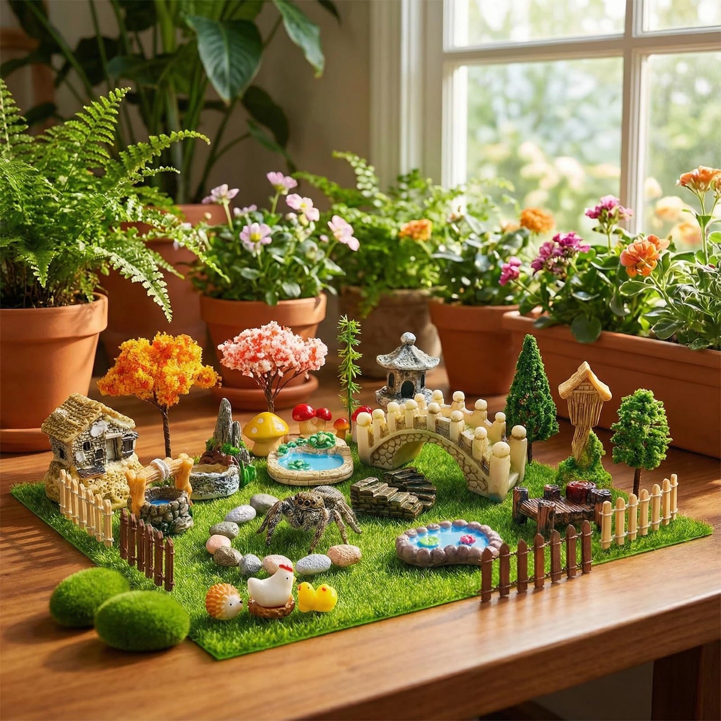 Crehaison 41 Pcs Jumping Spider Enclosure Decor Kit - Miniature Resin Animals & Landscape Figurines for Habitat, Mini Fairy Garden Accessories