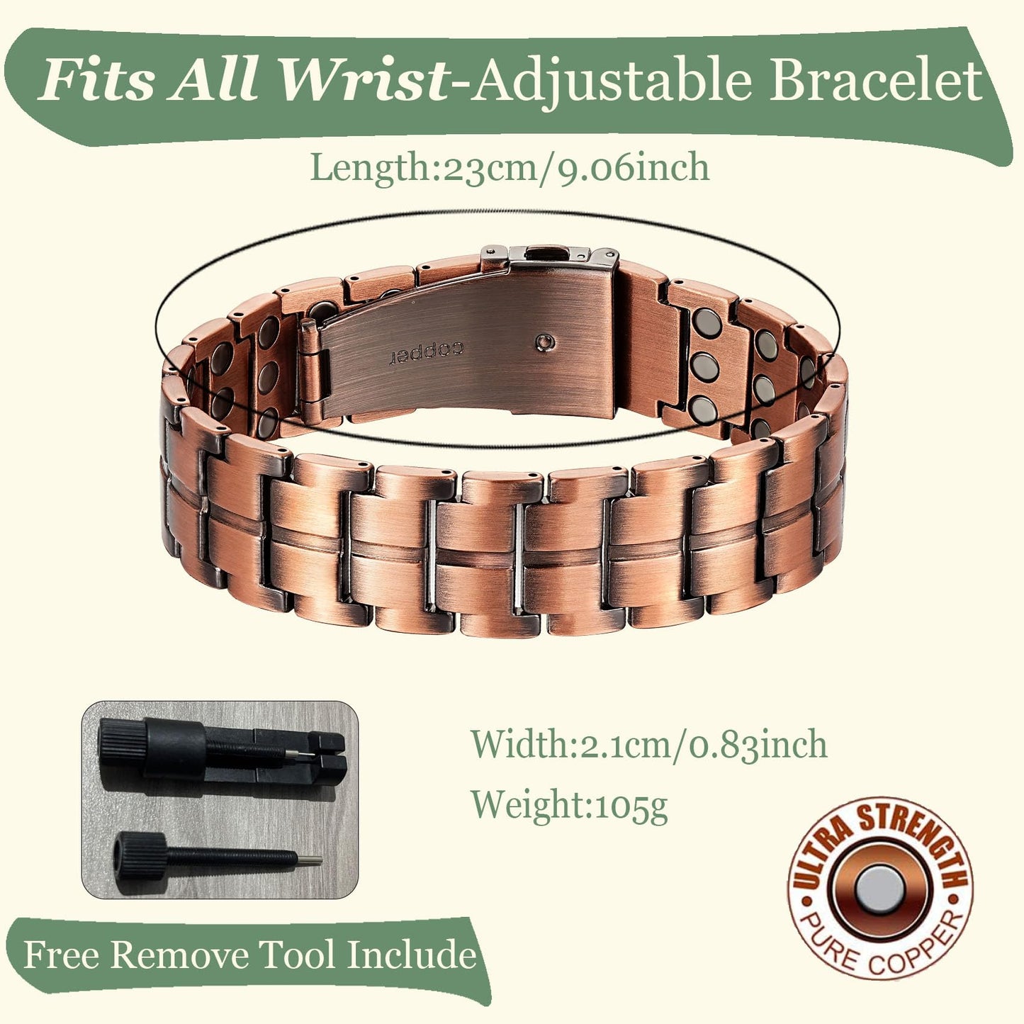 Krilicy 99% copper bracelet for men,magnetic therapy bracelet with 3X ultra strength magnets
