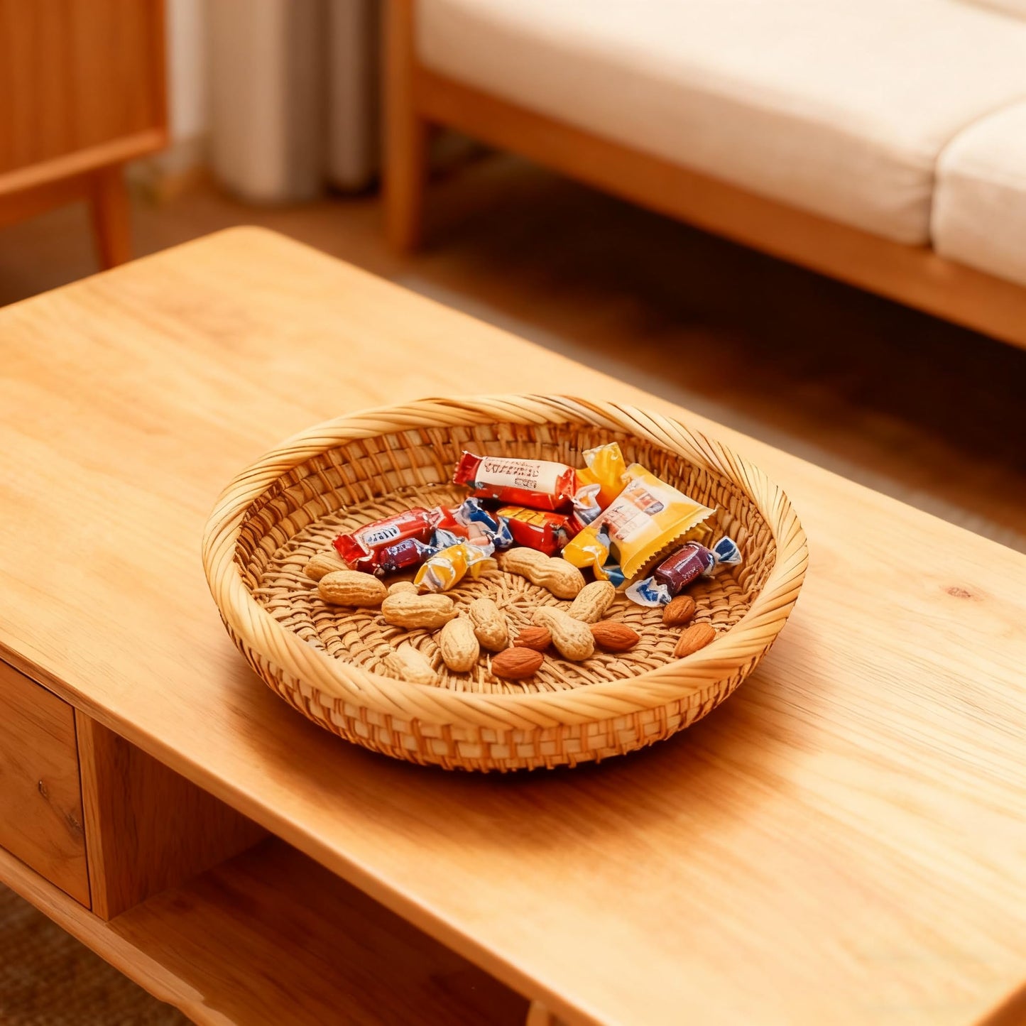 Handwoven Rattan Small Key Bowl - 7.6 Inch Round Catch All Tray for Keys,Coins, Wallet, Jewelry - Natural Wicker Organizer for Entryway, Desk, Nightstand