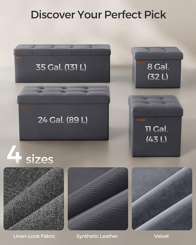 SONGMICS Mazie Collection - 30 Inches Folding Storage Ottoman Bench, Ottoman with Storage, Foot Rest Stool, Load 660 lb, for Living Room, Synthetic Leather, Dark Gray ULSF040G01