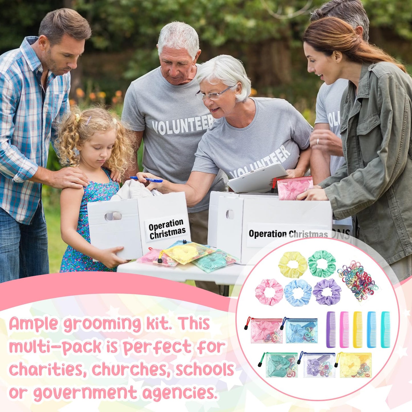 Suncalla 1150 Pcs 50 Set Operation Christmas Box Gifts Bulk Stain Scrunchies Mini Comb Small Hair String and Mesh Zipper Storage Bags Ideal for Operation Christmas Charity Box Volunteers Organizations