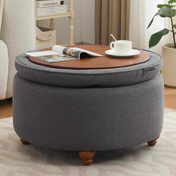 30Inch Round Storage Ottoman with Tray, Modern Tufted Fabric Circle Coffee Table with Storage, Upholstered Ottoman with Removable Top for Living Room, Bedroom, Dark Grey
