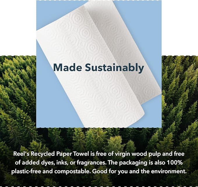 Reel Premium Recycled Paper Towels- 12 Rolls, 2-Ply Made From Tree-Free, 100% Recycled Paper - Eco-Friendly, Hypoallergenic and Zero Plastic Packaging