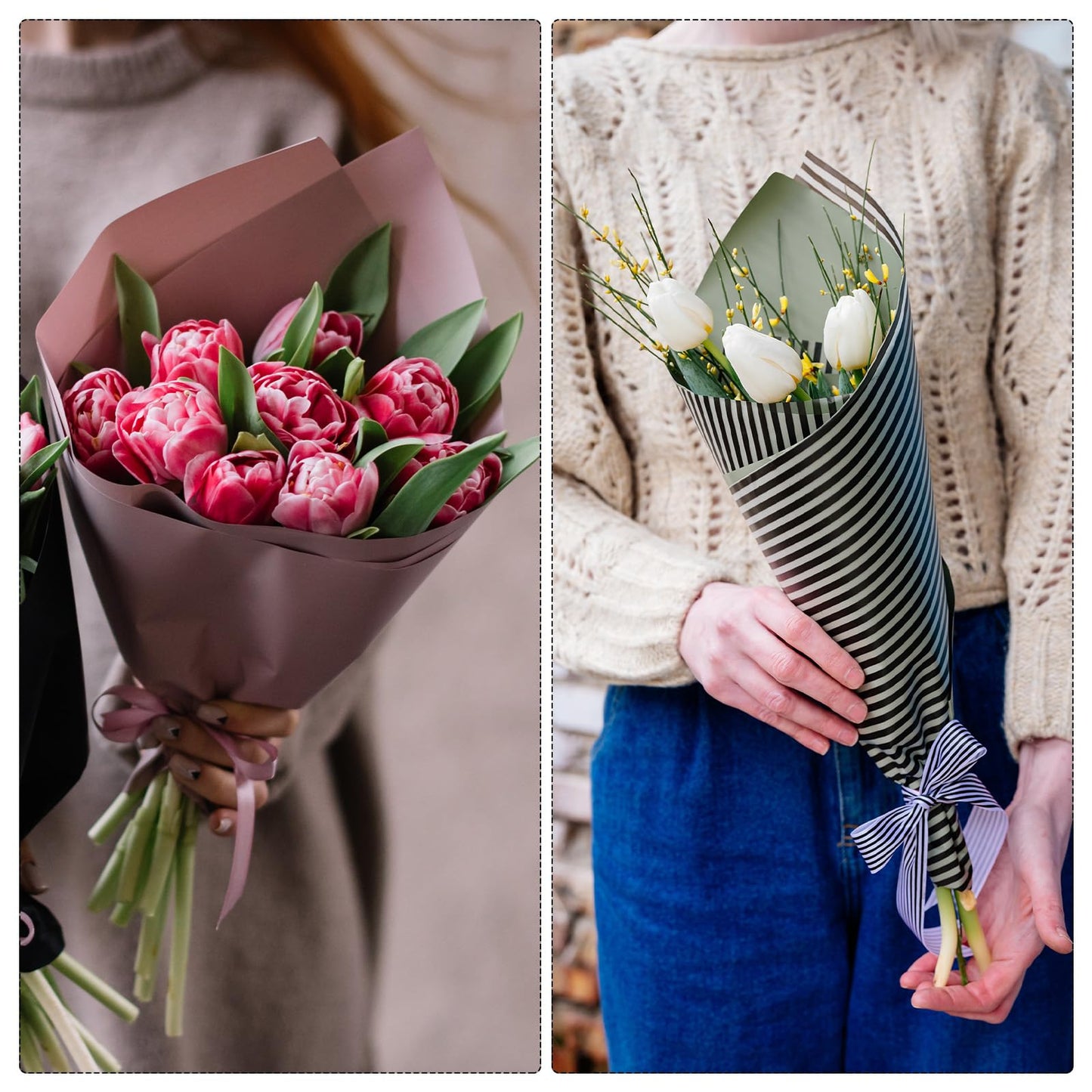MECCANIXITY Flower Wrapping Paper Waterproof Floral Wrap Plaid Cream Pink Gift Packaging 22.8 x 22.8 Inch Used for DIY Crafts Bouquet Packaging 20 Pcs