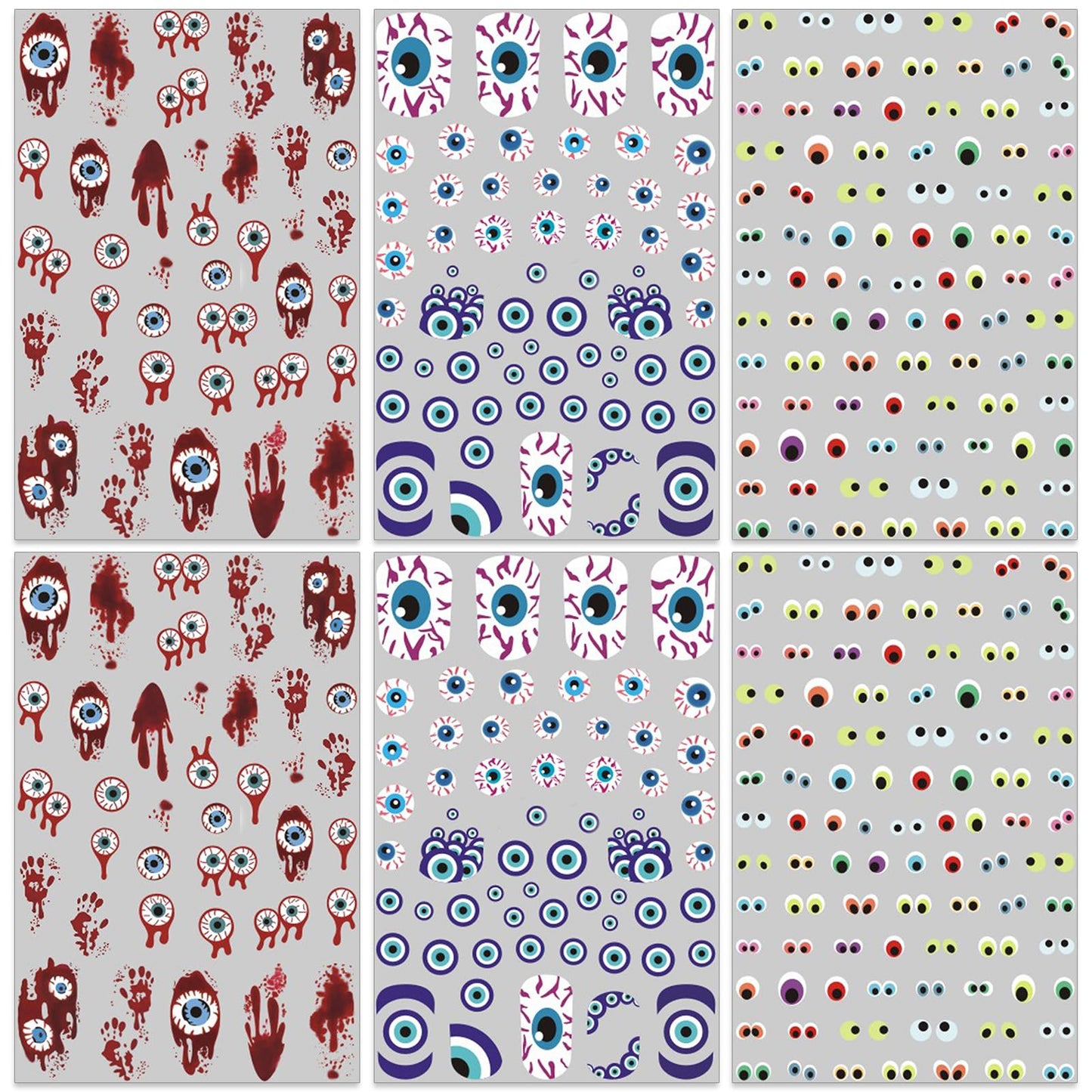 IDDFEVE Halloween Eyeball Nail Stickers - 3D Bloody Horror Eyeball Self-Adhesive Nail Decals for DIY Funny Spooky Manicure (6 Sheets)