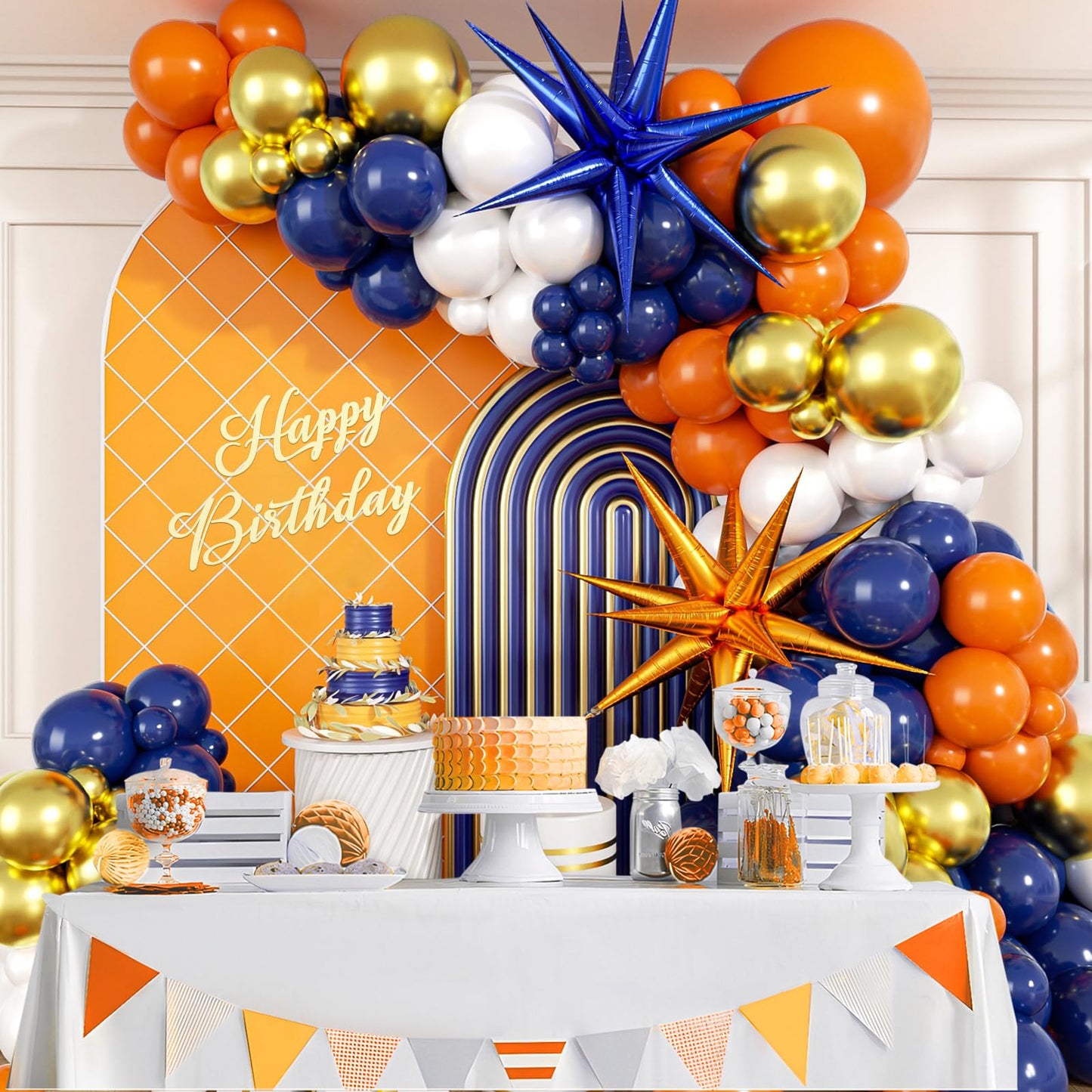 132pcs Blue and Orange Balloon Arch Garland Kit with Navy Blue Orange White Metallic Gold Balloons Foil Balloon for Birthday Party Decorations
