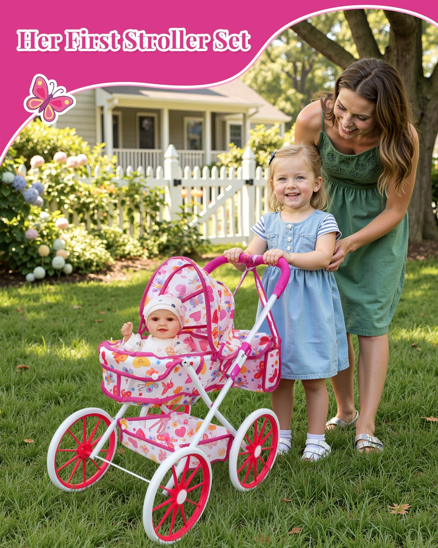 JIZHI Baby Doll Stroller with 12 Inch Dolls, 27-Piece Doll Stroller Set with Baby Doll Accessories for Pretend Play, Feeding & Bedding Playset Gift for Kids 3+