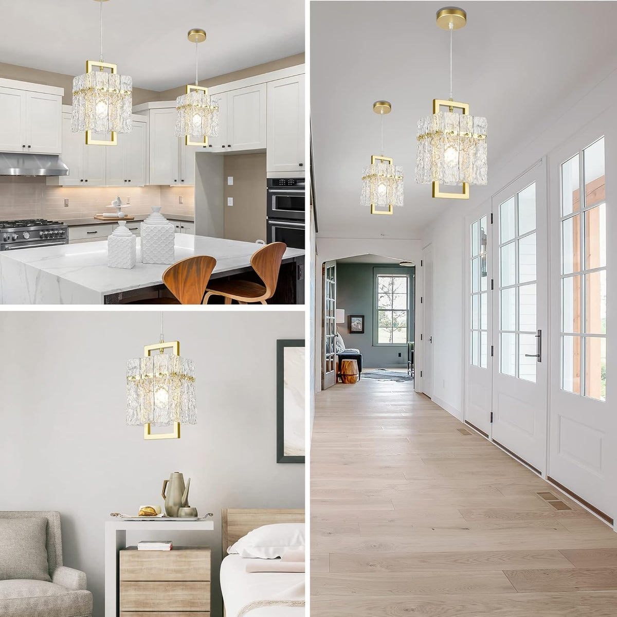 IKK Gold Crystal Pendant Light for Kitchen Island, Luxury Water Ripple Glass Chandelier Lights Fixture, Modern Elegant Adjustable Pendant Lighting for Dining Room Bedroom, E12 Bulb, L6.5'' x H11.8''