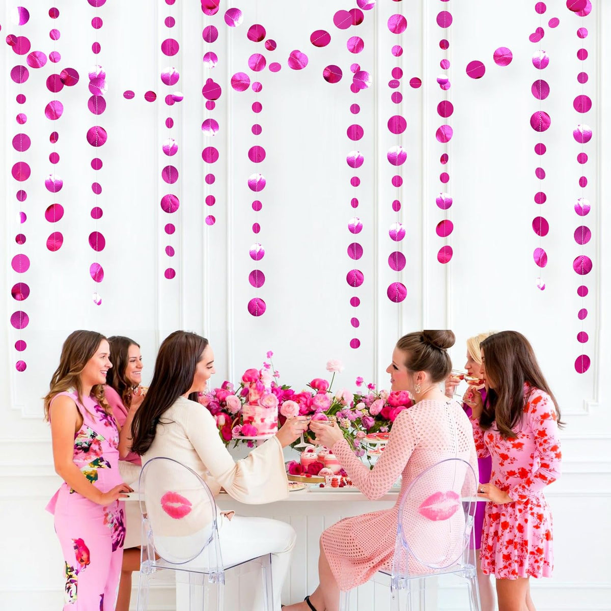 Hot Pink Party Decorations Circle Dots Garland Metallic Rose Pink Hanging Paper Polka Dots Streamer for Bachelorette Birthday Engagement Wedding Bridal Shower Anniversary Baby Shower Party Supplies