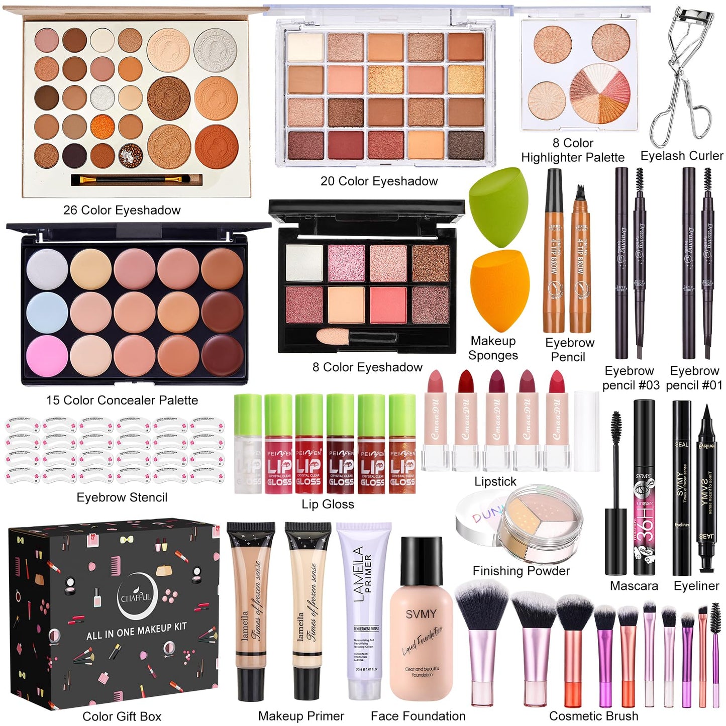 All in One Makeup Kit for Women Full Kit, Make Up Gift Set, Makeup Essential Bundle Includes Foundation Eyeshadow Palette Concealer Lipstick Eyeliner Eyebrow Stencils Mascara Cosmetic Brush Set
