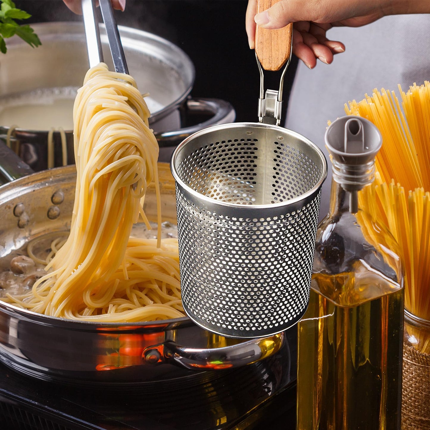 Tessco 4 Pcs Pasta Strainer, 4.7" x 5.2'' Stainless Steel Pasta Basket Mesh Cooker with Wood Handle, Spider Strainer Kitchen Skimmer for Food Dumpling Noodle Blanching(Light Color)
