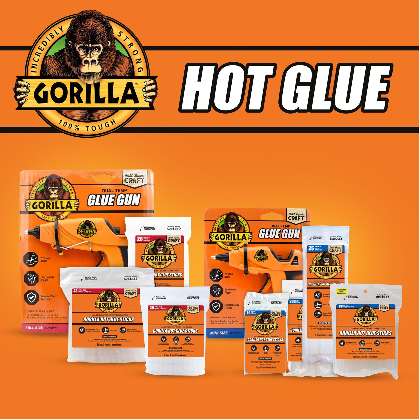 Gorilla Hot Glue Gun (Pack of 1) - Dual Temp Full Size Hot Glue Gun with Precision Nozzle, Easy Squeeze Trigger, and Enhanced Safety Features for DIY, Craft, Repairs, and More