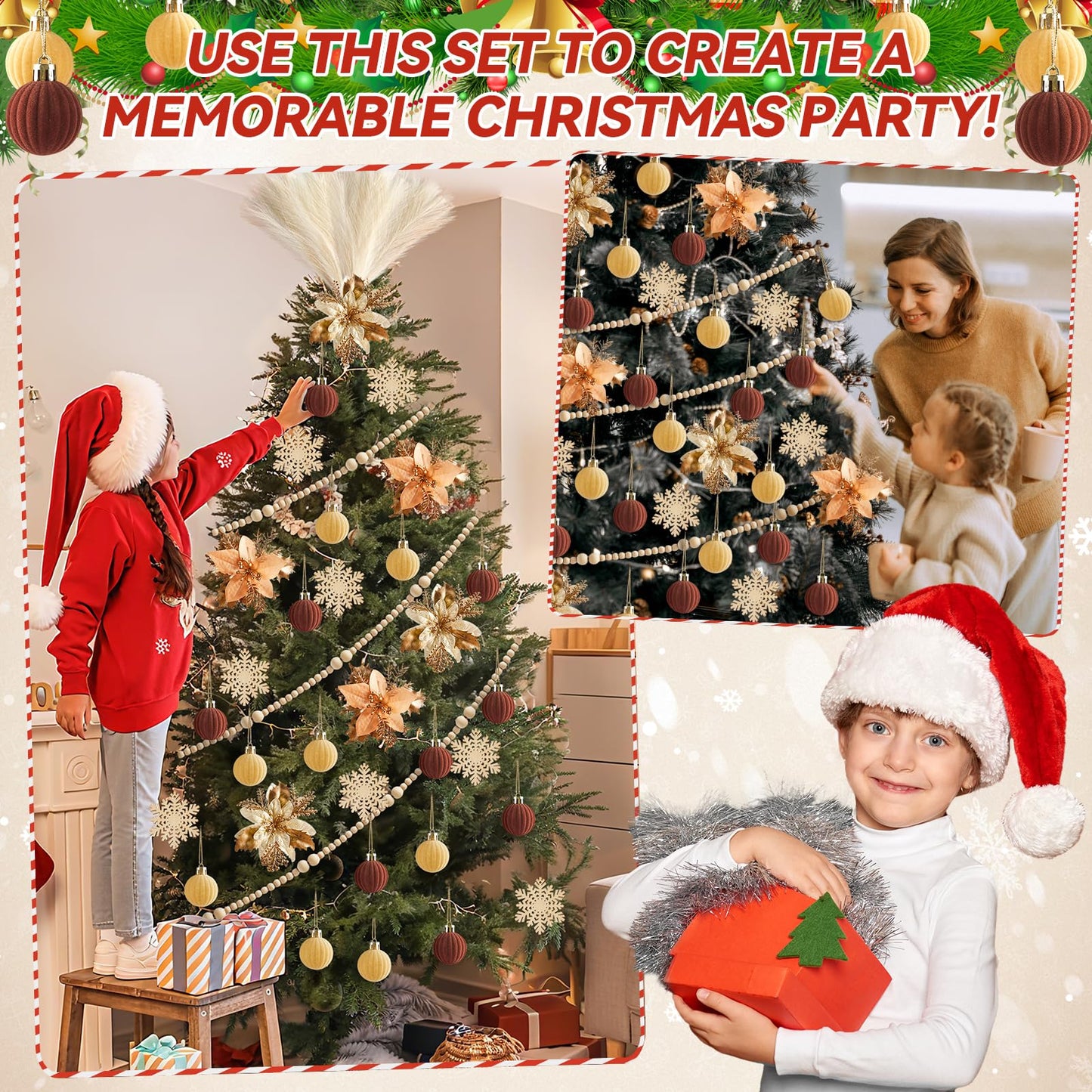 63Pcs Boho Christmas Tree Decoration Set Neutral Boho Christmas Tree Ornaments Wooden Bead Bow Xmas Balls Artificial Flowers and Grass DIY Decor Craft for Holiday Wedding Party Supplies Gifts