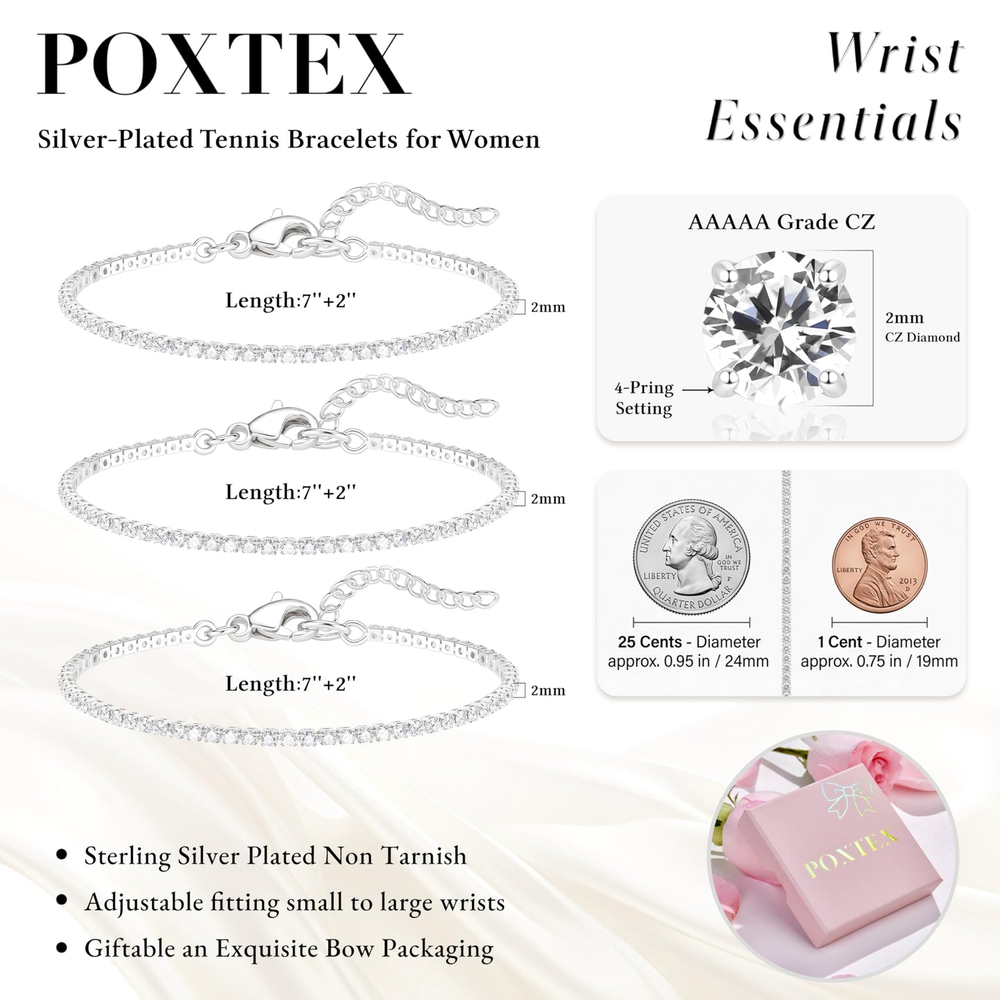 Dainty 2mm Silver Tennis Bracelet Set for Women, Sterling Silver Plated Triple Stackable Zirconia Bracelets, Minimalist Professional Jewelry for Business Casual Office Wear, 3-Piece Sparkle Wrist Set
