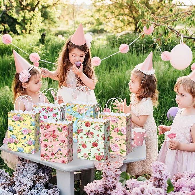 Vintage Floral Gift Bags Bulk Tea Party Favors Flower Tea Party Goodie Bags Treat Candy Bag Spring Wildflower Birthday Favors Decoration for Princess Birthday Wedding Garden Bridal Shower 12Pcs