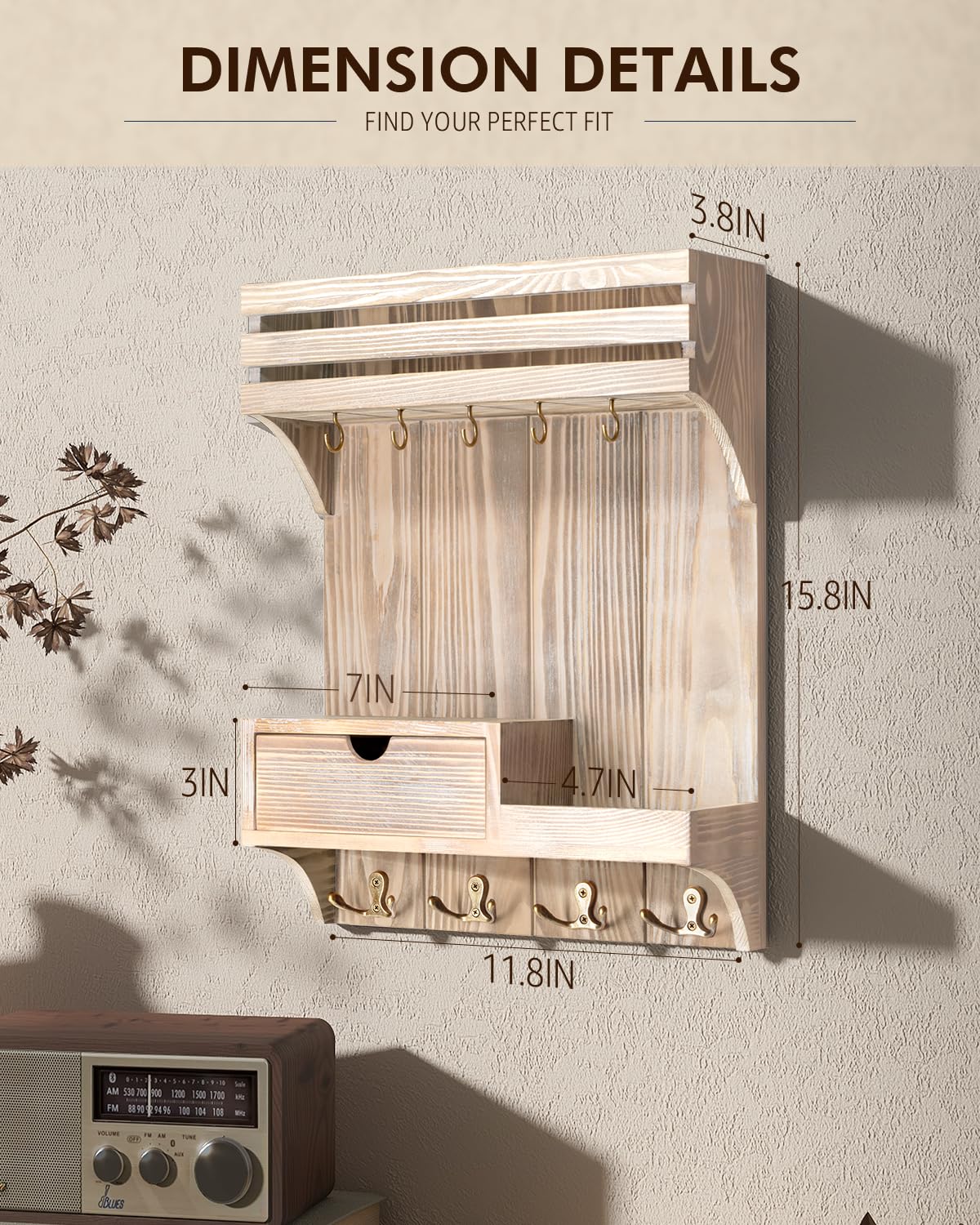 Rebee Vision Decorative Key Holder Wall Mount with Mini Drawer Organizer - Farmhouse Key Holder for Wall with Mail Organizer & 9 Key Hooks - Ideal Room Decor Aesthetic (Natural Wood)