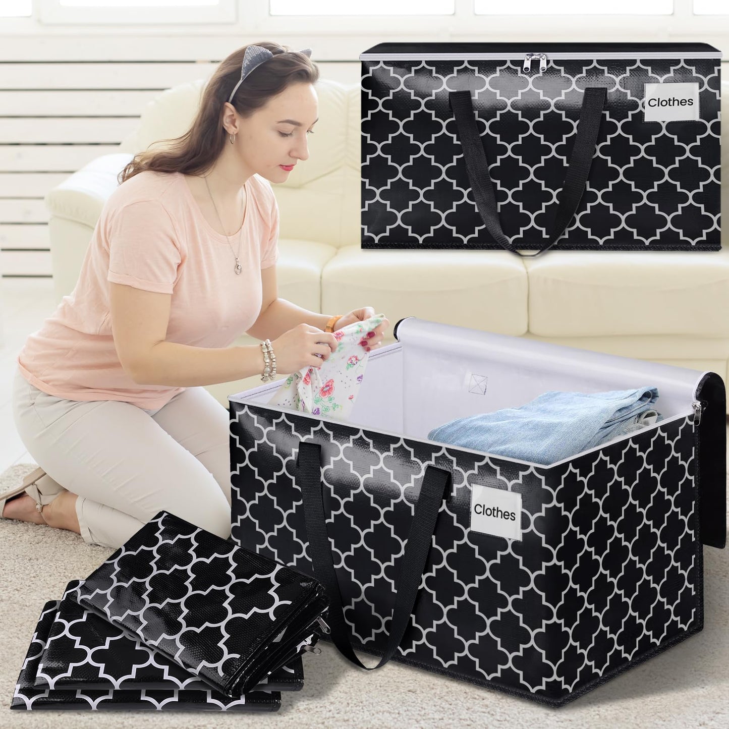HomeHacks Heavy Duty Moving Bags with Tag Pockets, Collapsible Storage Totes for Moving, Camping & Travel -Foldable Packing Boxes, Zipper Handles, Black(2 Packs, 125L)