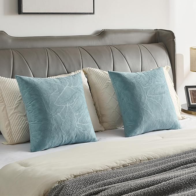FUTEI Grey Blue Velvet Throw Pillow Covers 12x20 Inch Set of 2,Soft Embossed Leaf-Relief Textured Lumbar Pillow Cases,Natural Home Decor for Couch Living Room