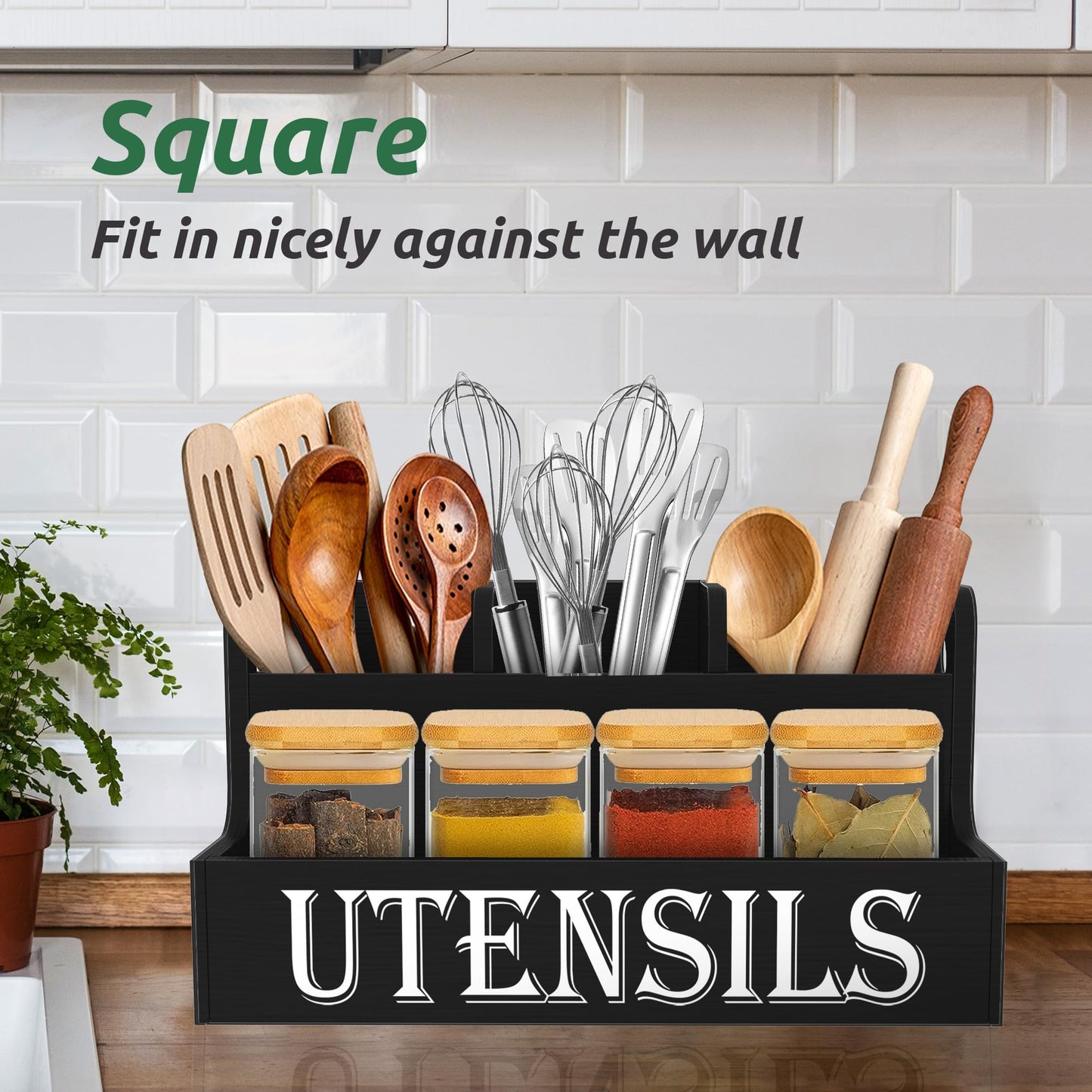 Suli Kitchen Utensils Holder, Wooden Utensil Organizer for Kitchen Countertop, Farmhouse Utensil Storage, Rustic Cooking Utensils ,4 Compartments,- Black