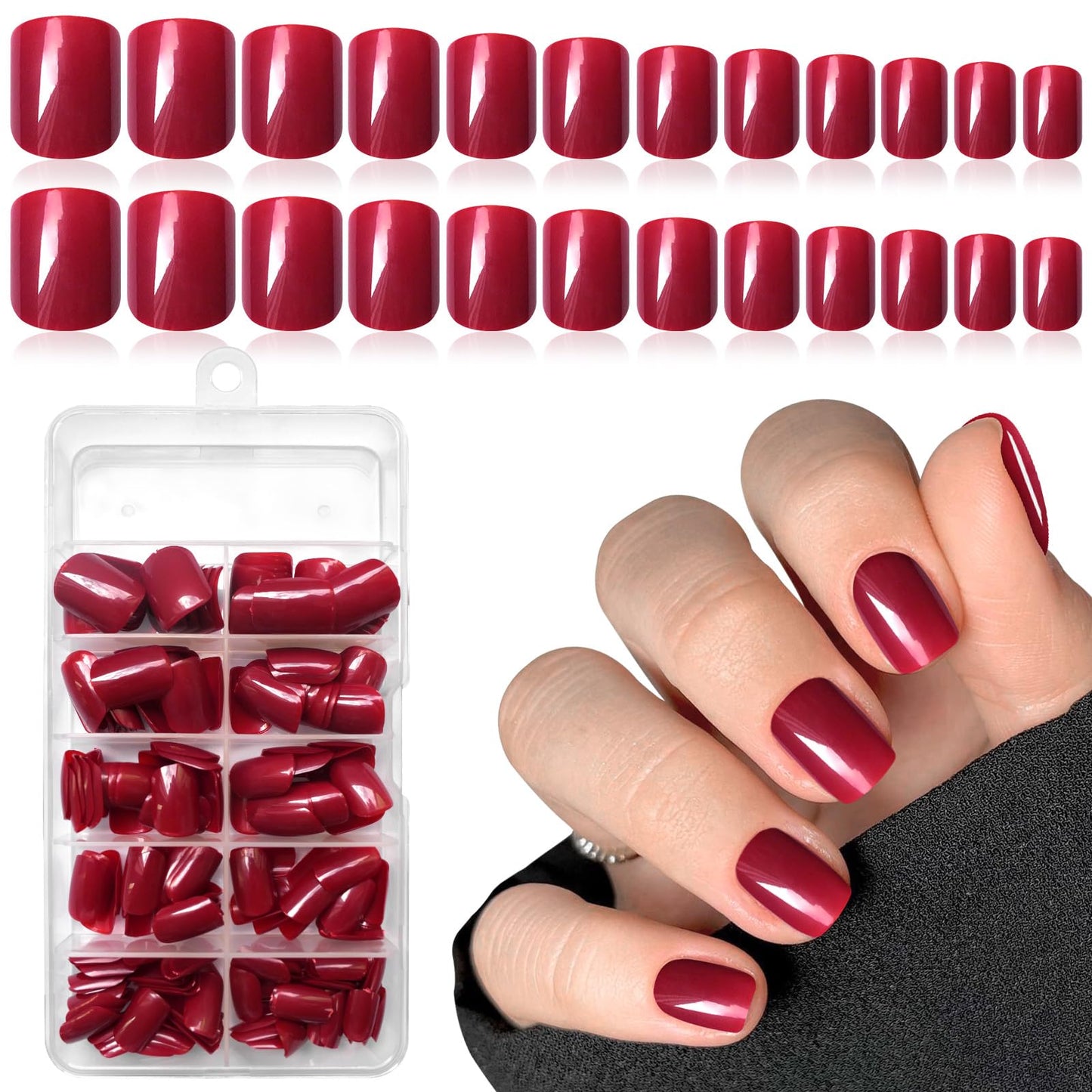 LuckForever Short Press on Nails 240pc Glossy Red Press on Nails Short Square Fake Nails Full Cover Round Fingernails Tips 10 Sheet Nail Glue Adhesive Tabs, Wooden Sticks Files Tools for Women Girls
