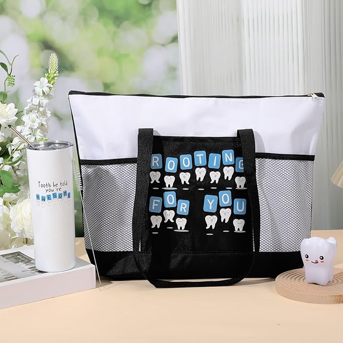 Nuogo 3 Pcs Positive Dental Hygienist Gifts Dentist Assistant Gift for Women Men Inspirational 20oz Tumbler Tote Bag Tooth Stress Toy for Dental Hygiene Month Employee Appreciation(White,Teeth)