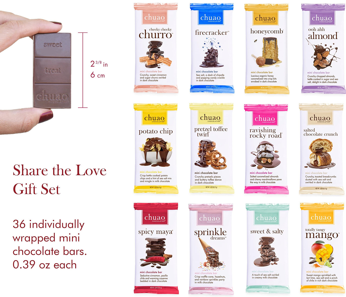 Chuao Chocolatier Share the Love Assorted Milk and Dark Mini Gourmet Chocolate Bars Gift Box | Sampler For Holiday, Birthday, Thank You, Corporate Gift Baskets | 36 Bars, 0.39 oz Each