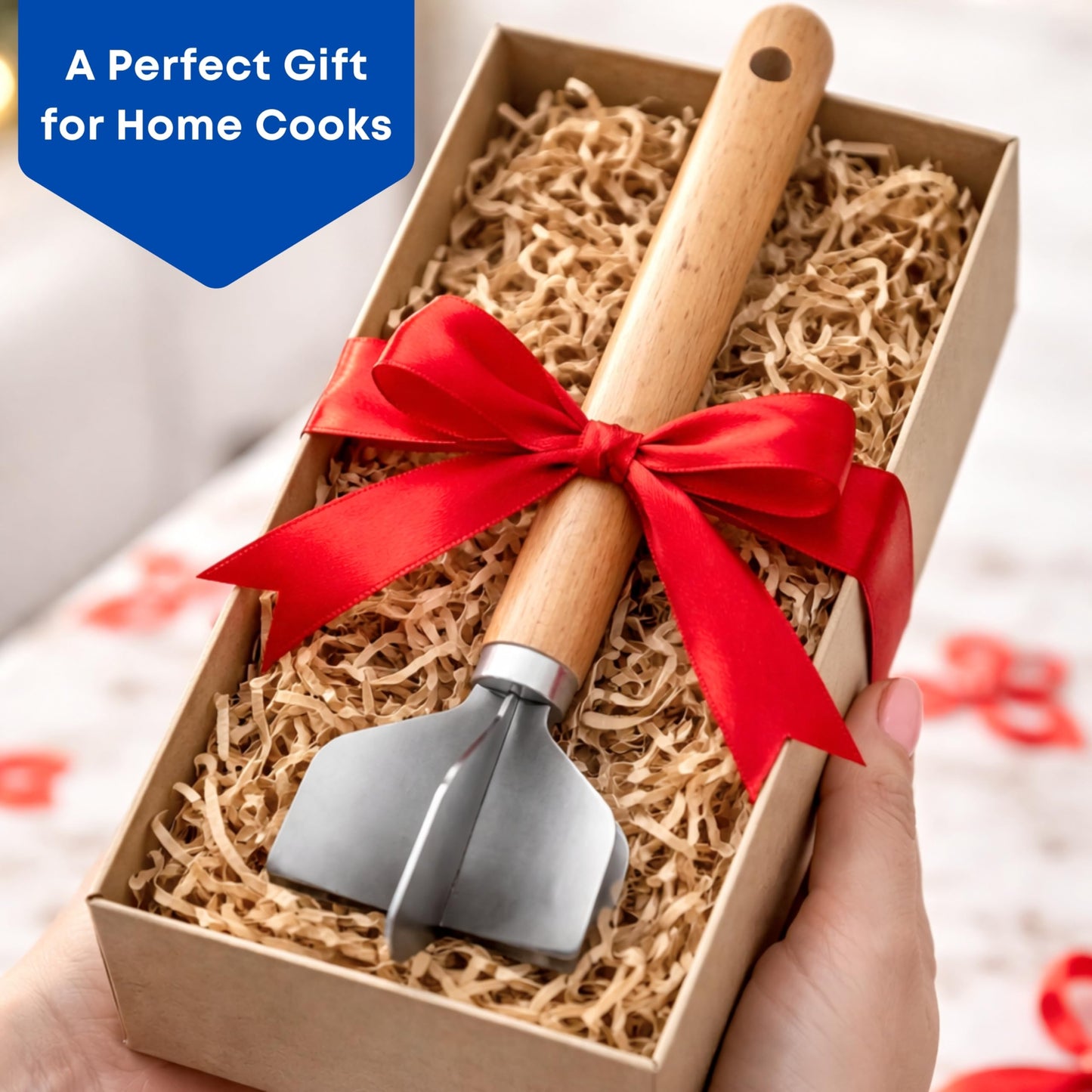 11" Stainless Steel Meat Chopper with Wooden Handle, Heavy Duty 6-Blade Ground Beef & Potato Masher, Heat Resistant Kitchen Tool for Nonstick Cookware