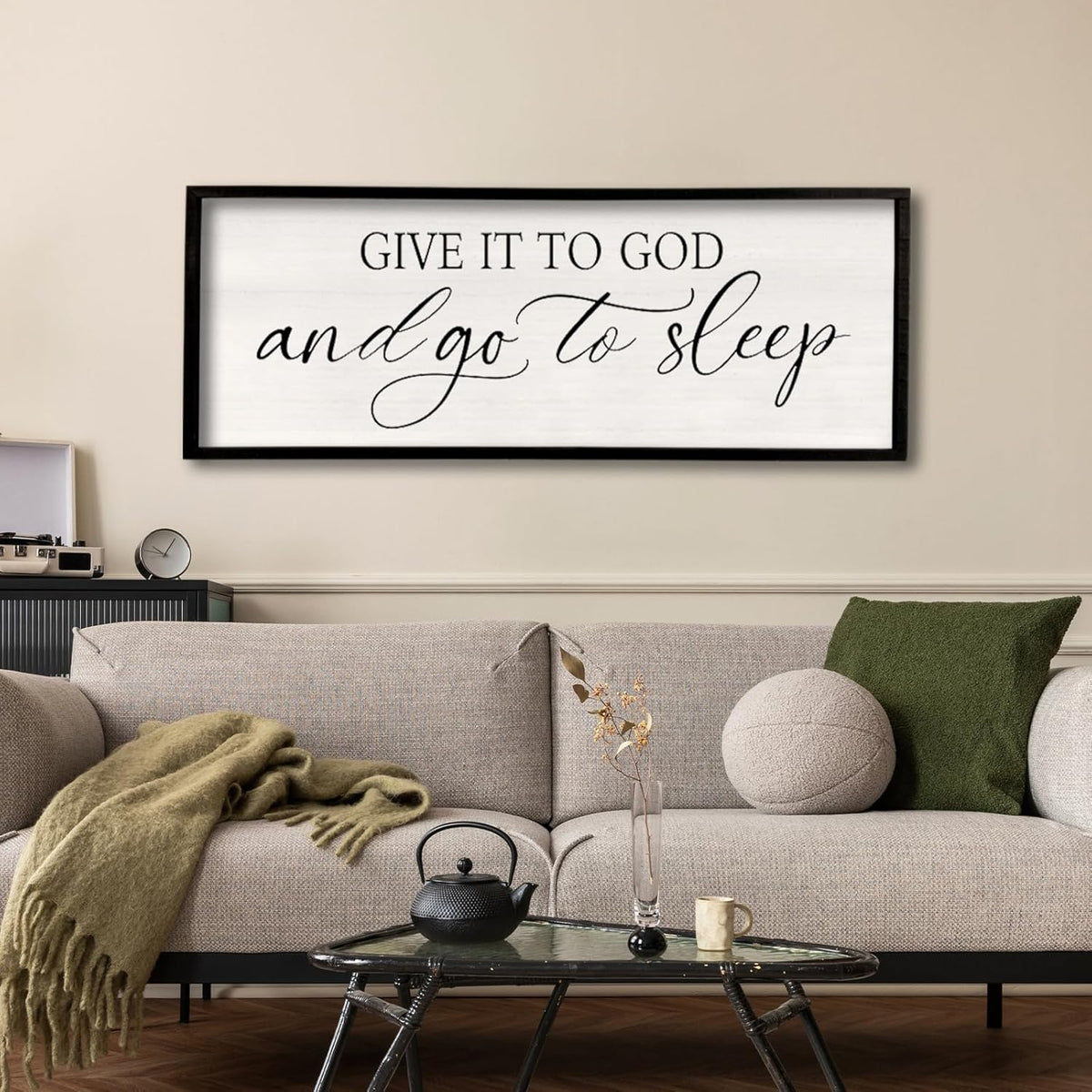 comurdyo Give It To God And Go to Sleep Sign 40''×15'' Master Bedroom Above Bed Wall Decor Wood Framed Couple Large Farmhouse Guest Room Rustic Simple Over Bedside Wall Art Hanging Decor (Black)