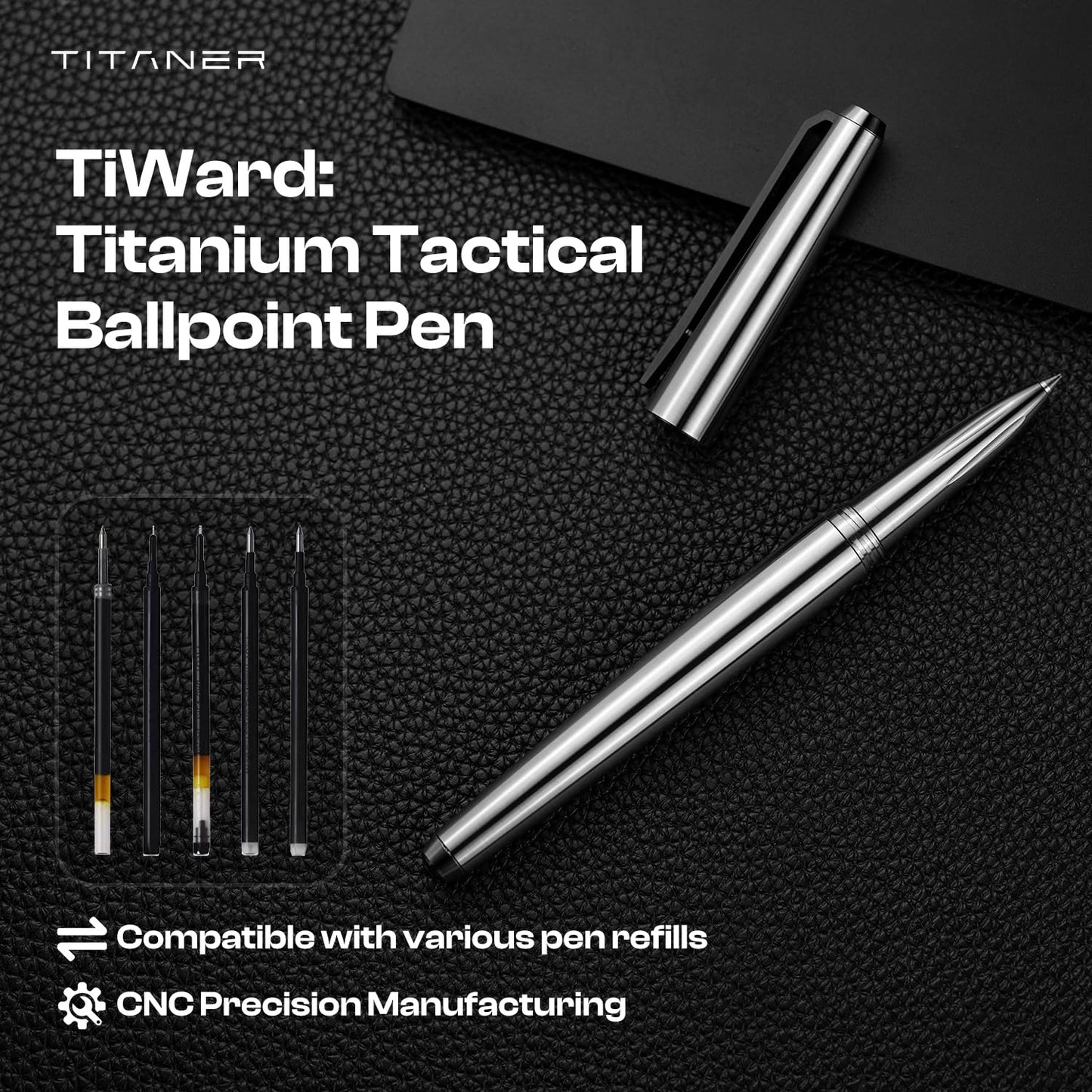 TITANER TiWard:Titanium Tactical Ballpoint Pen - Professional EDC Writing Tool Compatible with Multiple Refill for Signature Business Writing Journaling for Gifts or Collectibles.(Titanium)