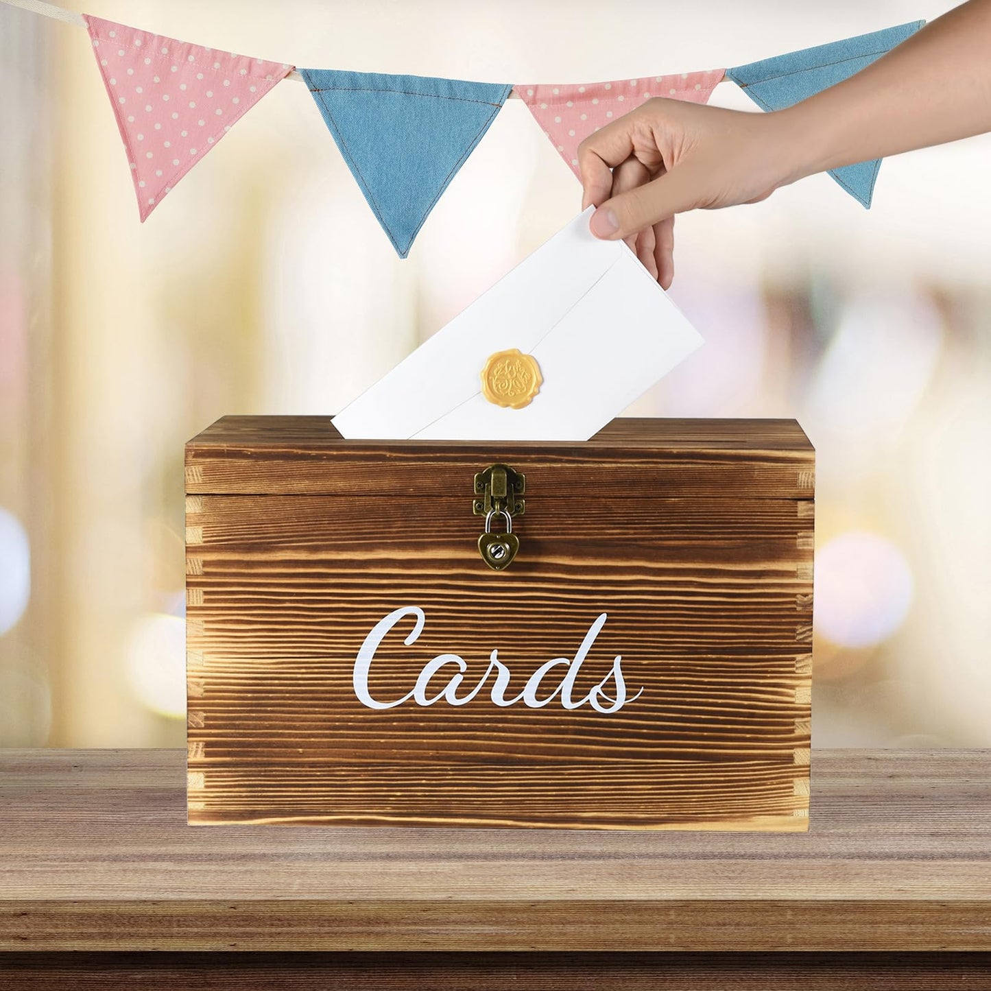 Wongblee Wooden Wedding Card Box with Heart Shape Lock, 5 Chalkboard Label, 1 Erasable Chalk Marker, Rustic Gift Card Holder Box for Birthday, Wedding, Bridal Shower, Baby Shower