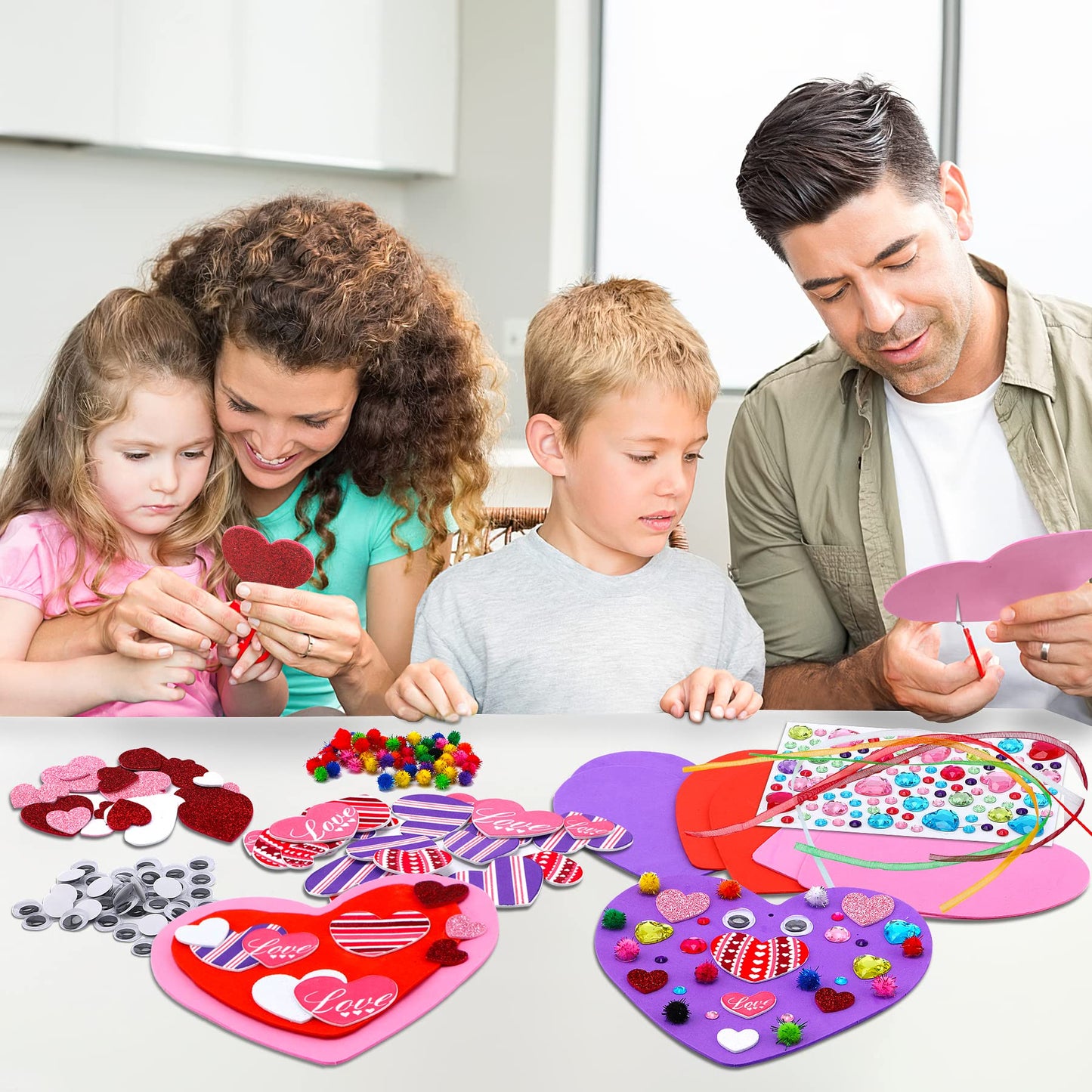 JULBEAR 700 Pcs Valentine's Day Foam Heart Ornaments Craft DIY Kit with Foam Hearts Self-Adhesive Stickers Glitter Pom-poms Wiggle Googly Eyes Satin Cords for Kids Valentine Decoration Craft Supplies