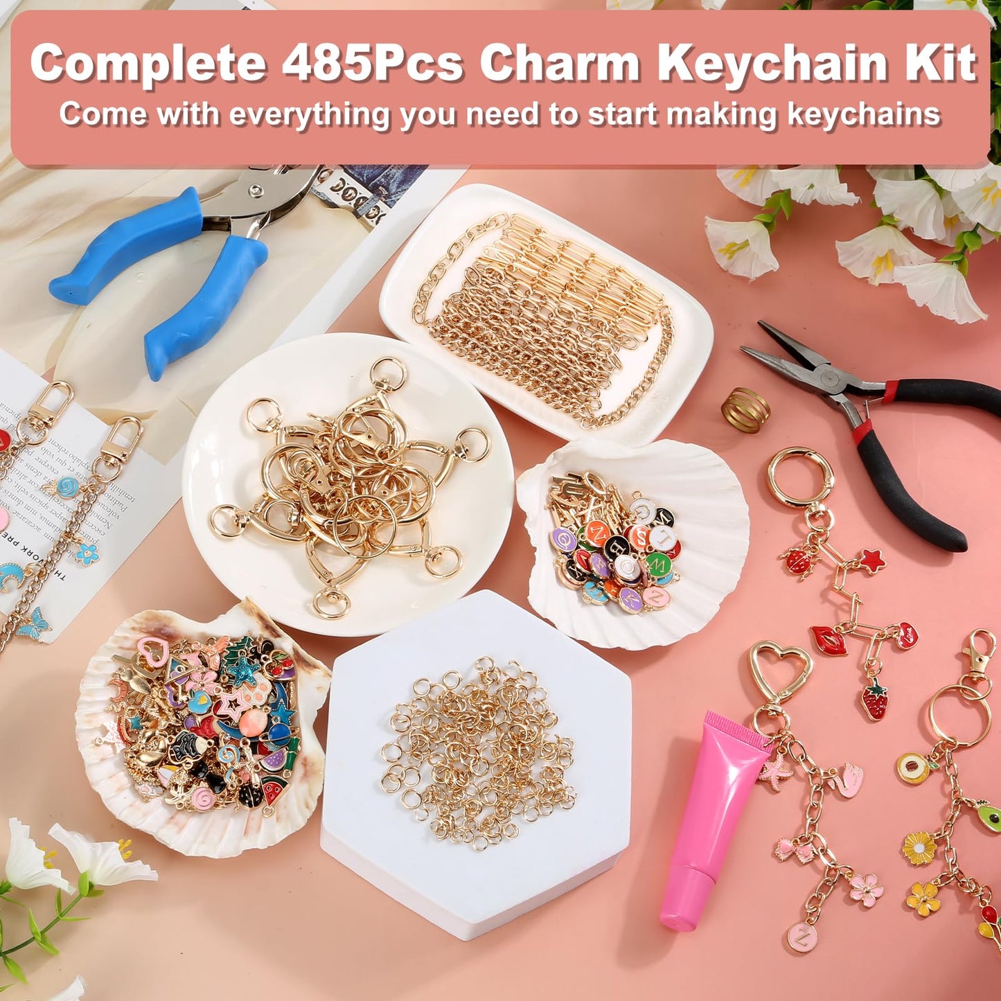 485 Pcs Charms Lip Gloss Keychain Making Kit, DIY Bag Charm Kit Including 40 Key Chain Hooks 30 Extender Chains 212 Gold Charms & Letter 200 Jump Rings 1 Plier and 1 Puncher for Craft Supplies