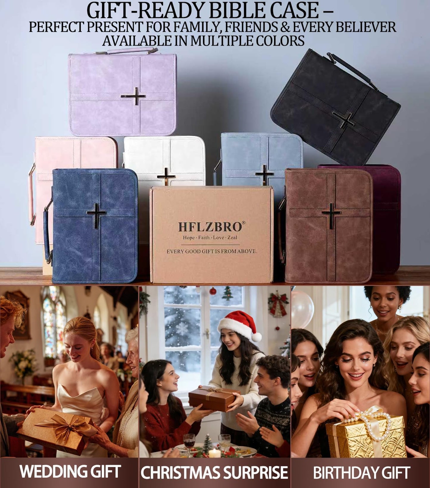 Vegan Leather Bible Cover Case, Bible Bag with Phone Pocket, Bible Case for Women, Christian Gift Box Packaging (Light Blue)