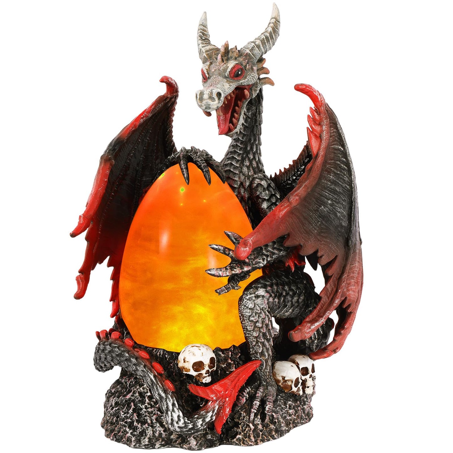 Fire Dragon Glitter Globe Statue Dragon Egg Glowing Sculpture, Skull Accent Base, Evil Dragons Lantern with 6H Timer, Battery Operated, Cool Decoration for Halloween, Fantasy Gift for Collectors