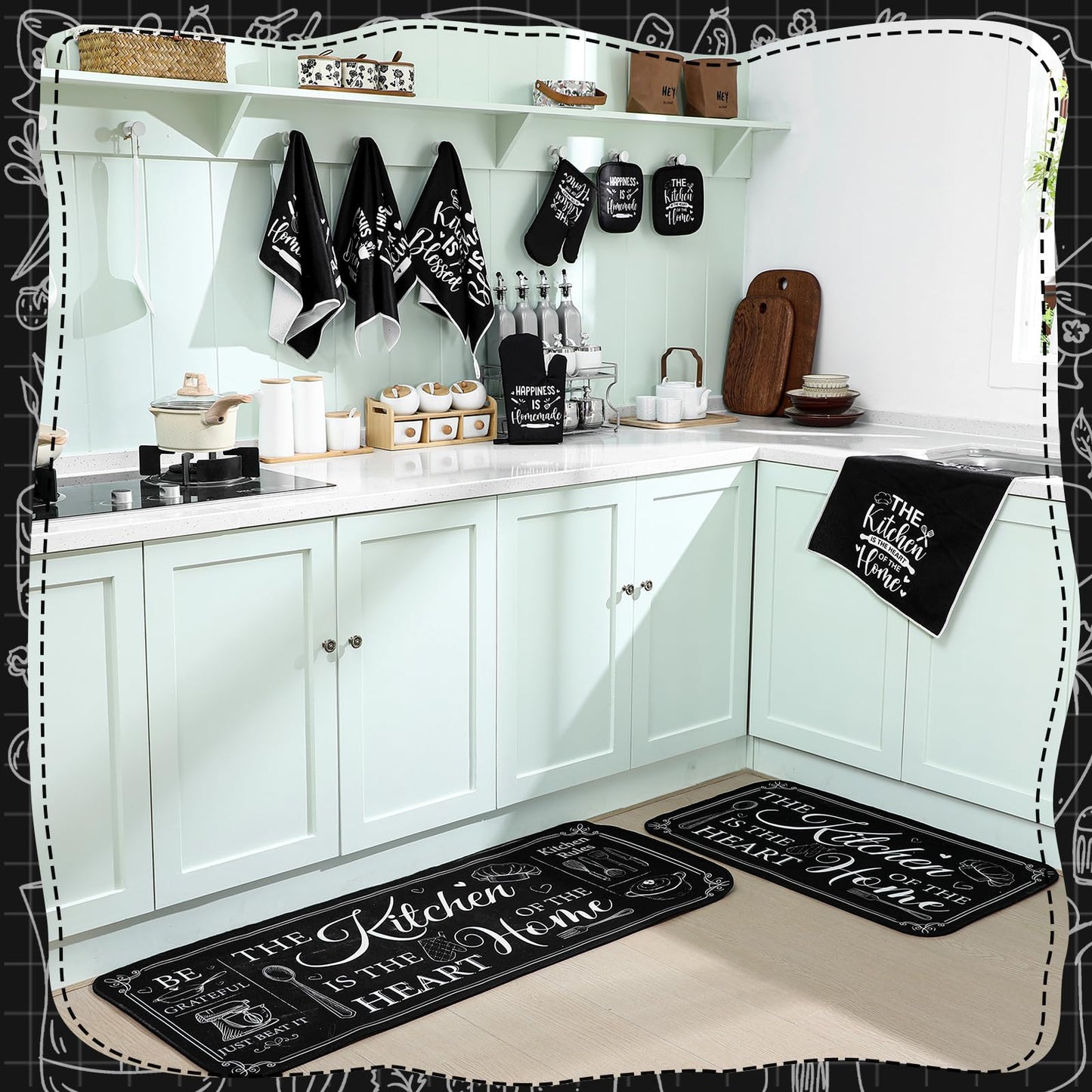Fourluoo 10 Pcs Farmhouse Kitchen Decor and Accessories Set 4 Kitchen Towels 2 Pot Holders 2 Oven Mitts 2 Rugs for Cooking Baking Mom Housewarming Gifts(Black,Classic Style)