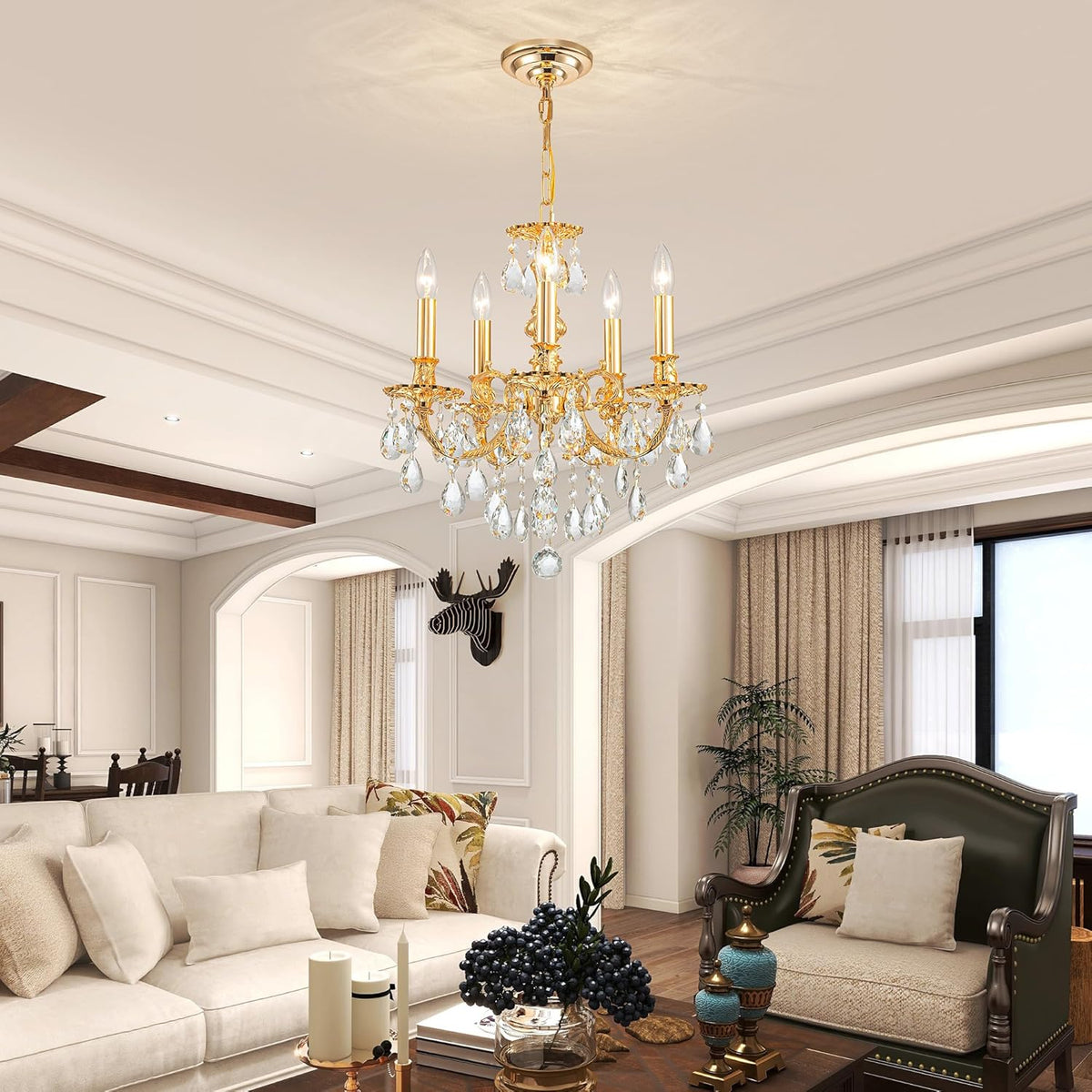 French K9 Crystal Maria Theresa Chandeliers, Luxury Vintage Pendant Light Fixture for Dining Room, Living Room, D17.7*H25~72 inch (Adjustable), Clear Crystal & Brass Finish Frame