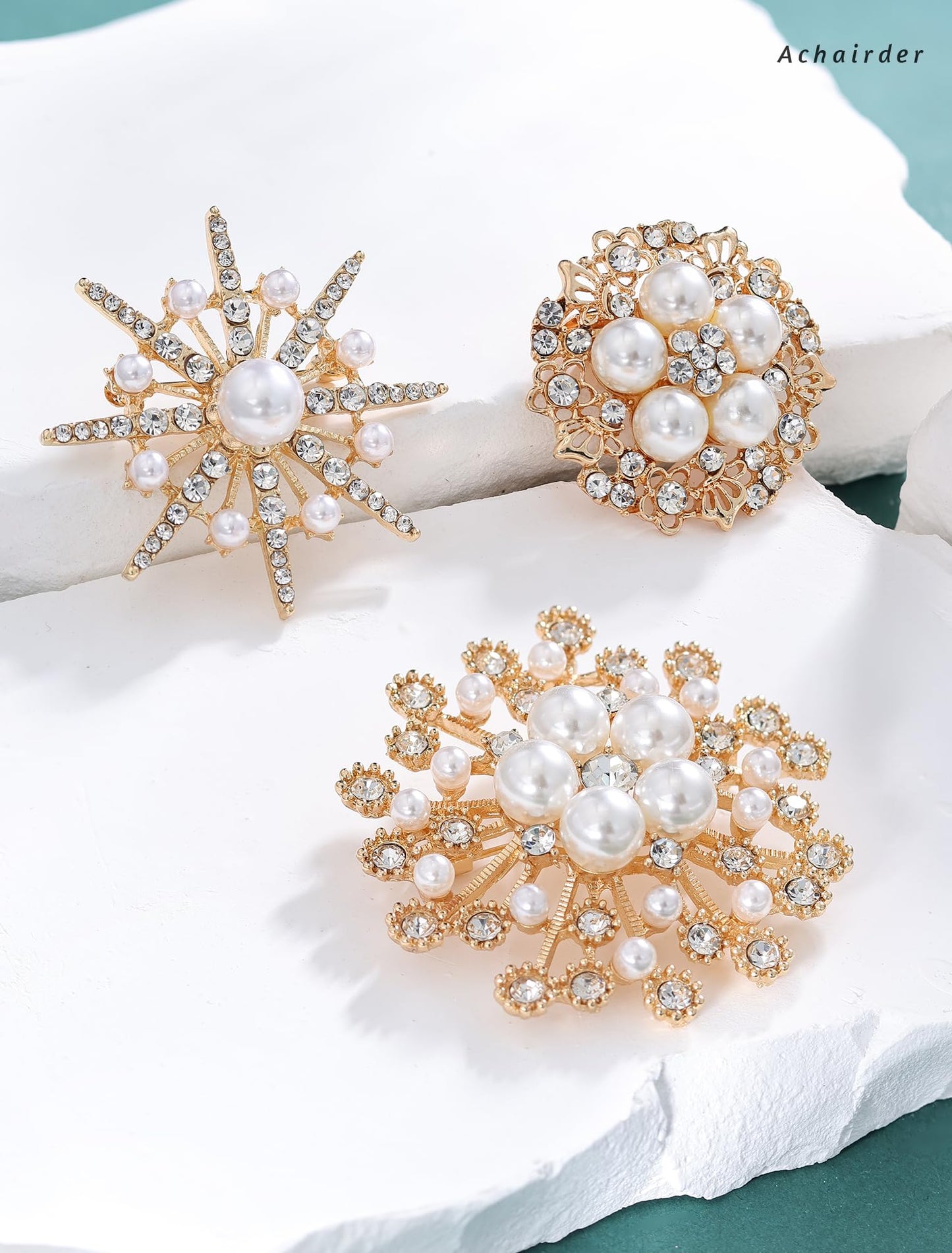 Achairder 9 Pack Gold Crystal Rhinestone Flower Brooch Pin Set for DIY Wedding Party Bouquets Embellishment Crafts Decor