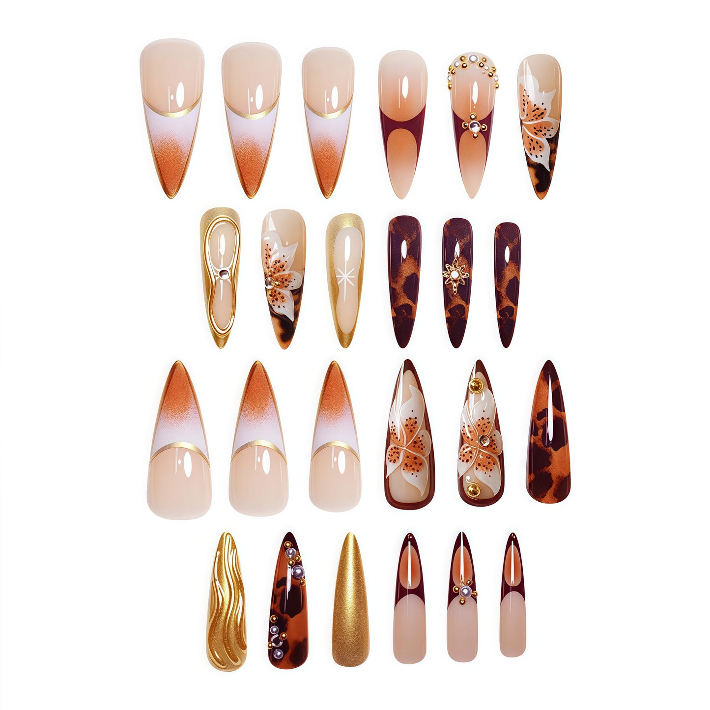 Long Press on Nails Almond Fake Nails Brown False Nails Flowers Artificial Nails with Gold Charm Designs Summer Handmade Nails 3D Floral Stick on Nails for Women 24pcs