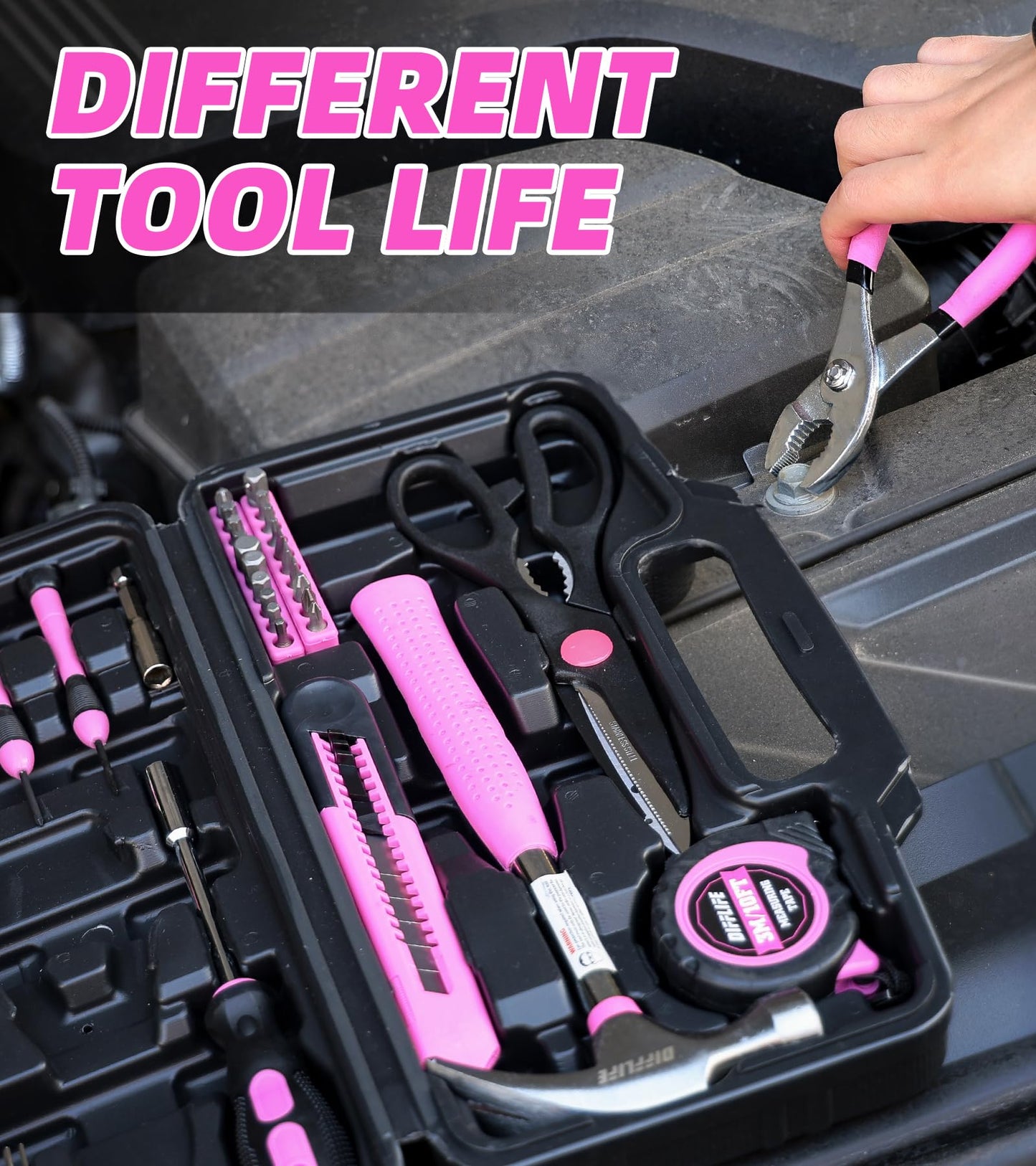 DIFFLIFE Tool Set Pink-40 Piece - General Household Hand Tool Kit with Plastic Toolbox Storage Case(Pink)