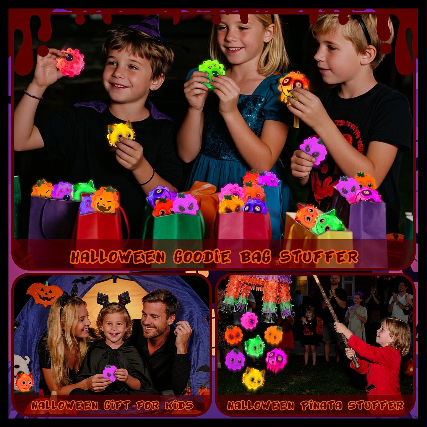 24PCS Light Up Halloween Pop Ball Toys, Halloween Party Favors Gifts for Kids, Trick or Treat Toys for Kids, Halloween Goodie Bag Stuffers,Classroom Prizes