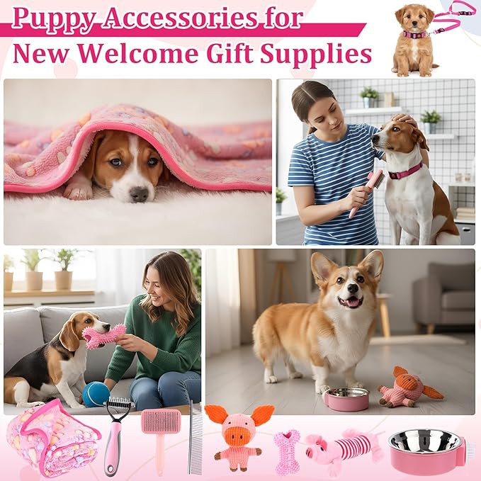 PullCrease 30 Pcs Puppy Starter Kit No Pull Harness Set, Pink, Pig