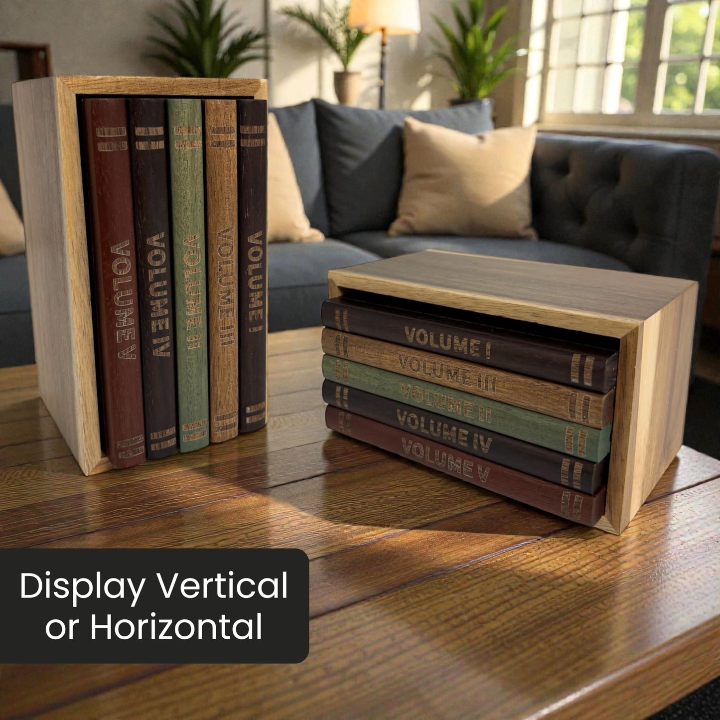 The Coaster Library | 100% Acacia Wood | Set of 5 Book-Style Decorative Drink Coasters with Wooden Stand | Coffee, Tea & Cocktail Display | Statement Tabletop Accent