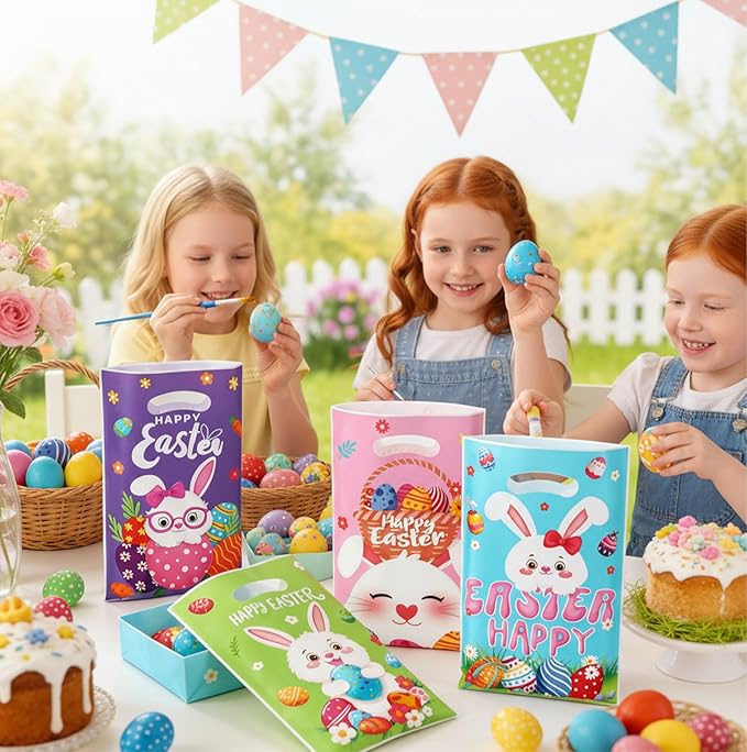 Easter Treat Bags with Handles, 50Pcs Colorful Bunny Treat Bags Bulk, Plastic Goody Candy Cookie Snack Tote Gift Bag for Happy Easter Egg Hunt Activity Spring Holidays Party Favor Supplies Decorations