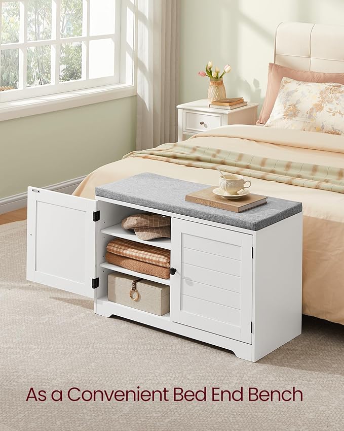 VASAGLE Shoe Storage Bench with Cushion, 3-Tier Entryway Bench with Padded Seat, Doors, Adjustable Shelves, 14 x 31.9 x 20.7 Inches, for Hallway, Bedroom, Cloud White and Dove Gray ULSB034W01