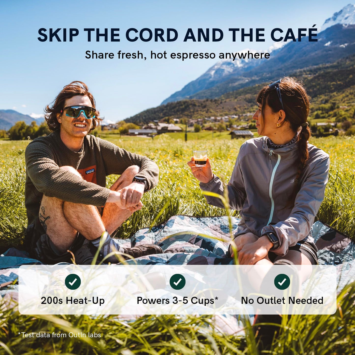 OutIn Nano Portable Electric Espresso Machine, Travel Coffee Maker for Camping, Car Coffee Maker Self-Heating with USB-C, With Ground Coffee & NS Capsule for RV, Hiking, Office