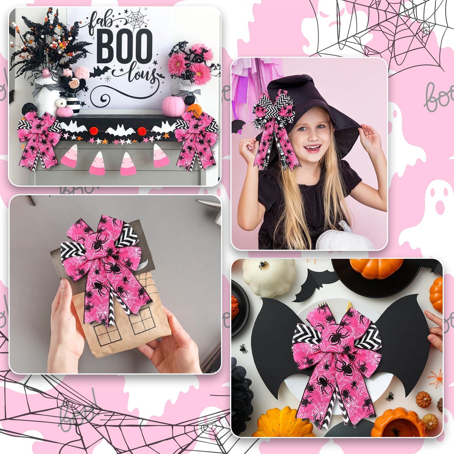 JarThenaAMCS Halloween Wired Edge Ribbons Ghost Skull Fabric Ribbons Pink Black Wrapping Ribbons for DIY Crafts Wreath Bow Making Supplies, 4 Rolls, 24 Yard