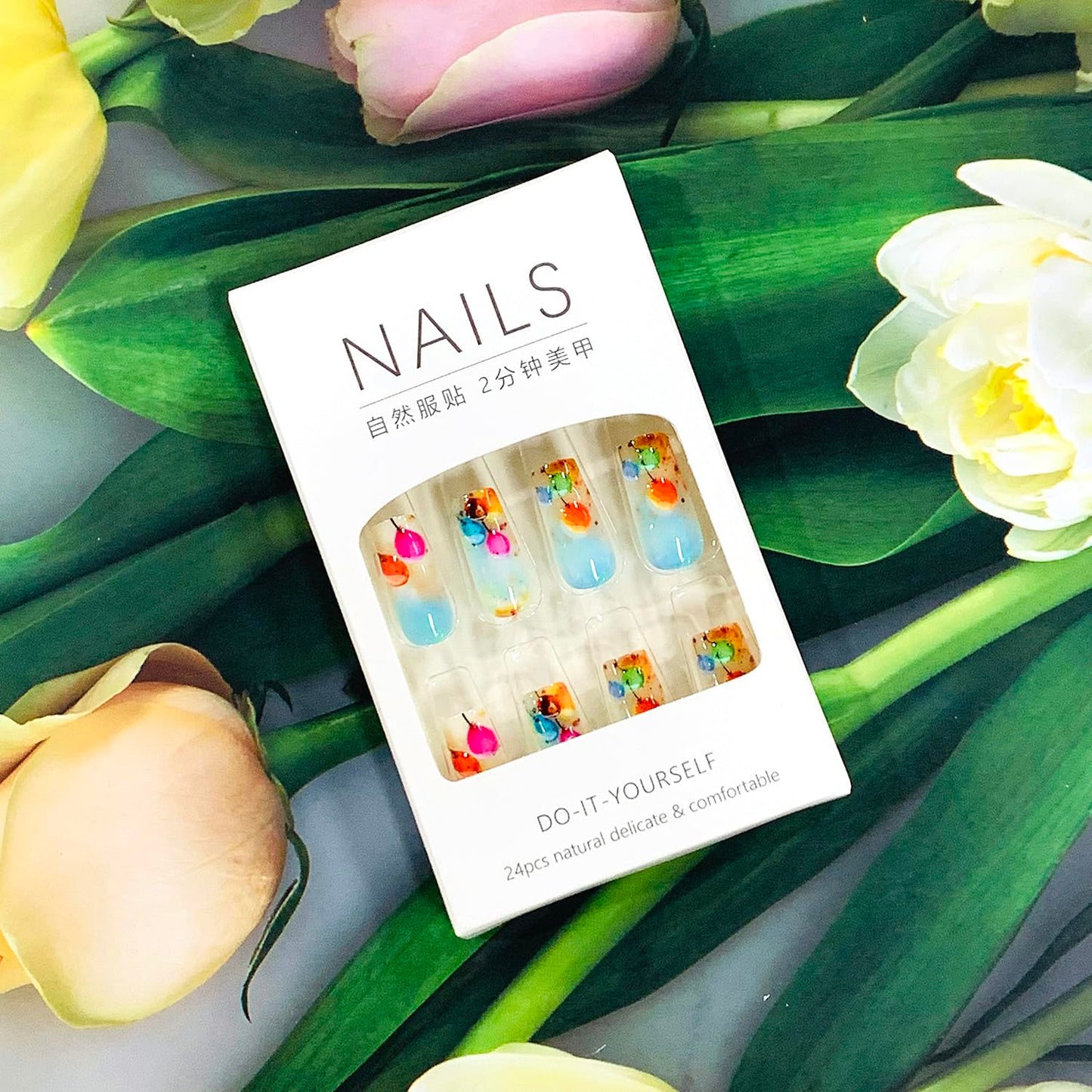 EYZOTSF Press on Nails Medium Square Shaped Acrylic Medium Square Shaped False Nails with Designs Artificial Short Coffin Fake Nails with Charms Glue ons Fingernails for Women Girls(FD040)