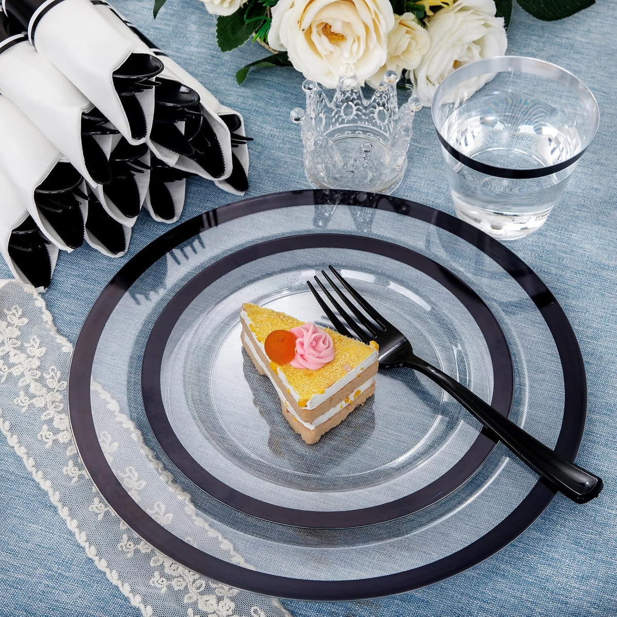 I00000 350 Pcs Clear and Black Plastic Plates,Black Dinnerware Set, Include 50 Dinner and 50 Dessert Plates,50 Plastic Cups,50 Per Rolled Napkins with Cutlery for Party,Wedding,Halloween