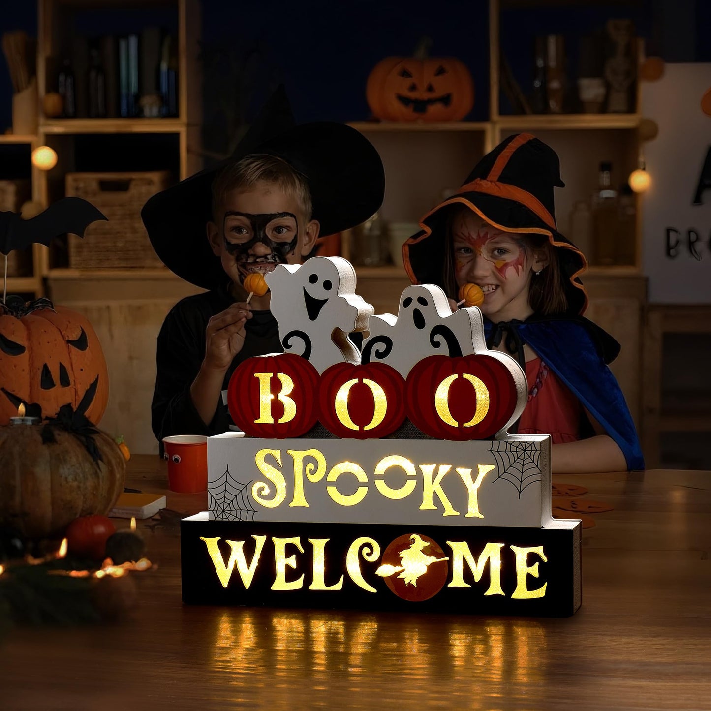WBao Halloween Decorations Indoor 9.4inch Premium Wooden Block Set with Glowing 3D Letters, Timer, Battery Powered Rustic Farmhouse Centerpiece for Home, Table, Mantel, Shelf Halloween Party Decor